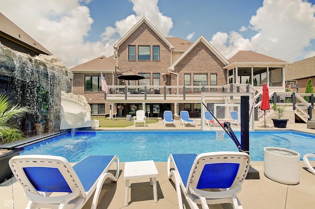 14445 Gainesway Cir, Fishers, IN 46040 - swimming pool with stairway, a deck, a patio, and a ceiling fan