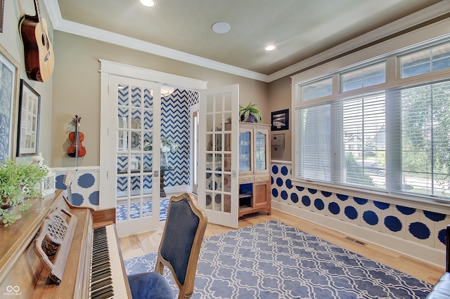 14445 Gainesway Cir, Fishers, IN 46040 - office area featuring french doors, light wood-style floors, recessed lighting, and ornamental molding