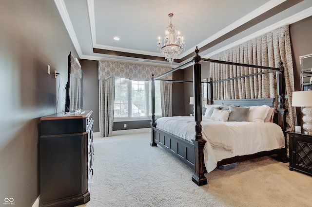 14445 Gainesway Cir, Fishers, IN 46040 - carpeted bedroom featuring a chandelier, crown molding, and a raised ceiling