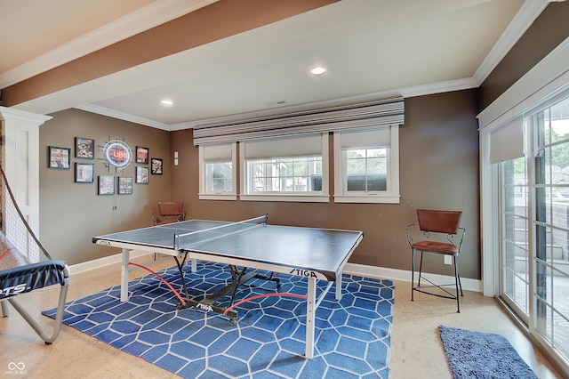 14445 Gainesway Cir, Fishers, IN 46040 - playroom with carpet, crown molding, plenty of natural light, and recessed lighting