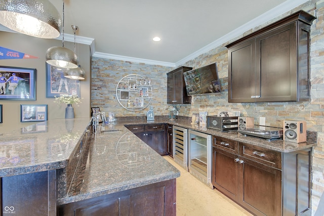 14445 Gainesway Cir, Fishers, IN 46040 - bar area with beverage cooler, ornamental molding, tasteful backsplash, pendant lighting, and recessed lighting