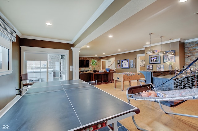 14445 Gainesway Cir, Fishers, IN 46040 - playroom with crown molding, ornate columns, and recessed lighting