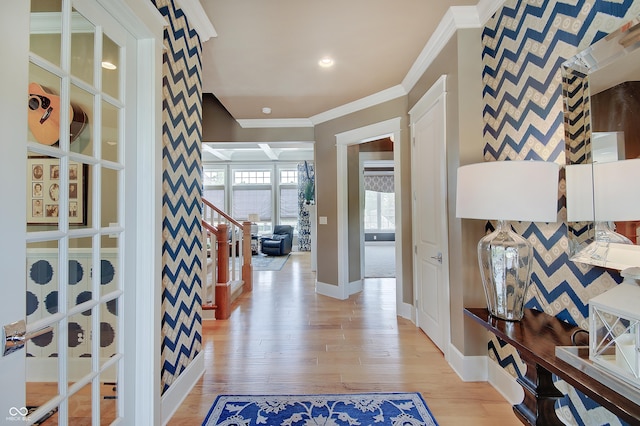 14445 Gainesway Cir, Fishers, IN 46040 - corridor with ornamental molding and light wood-style floors