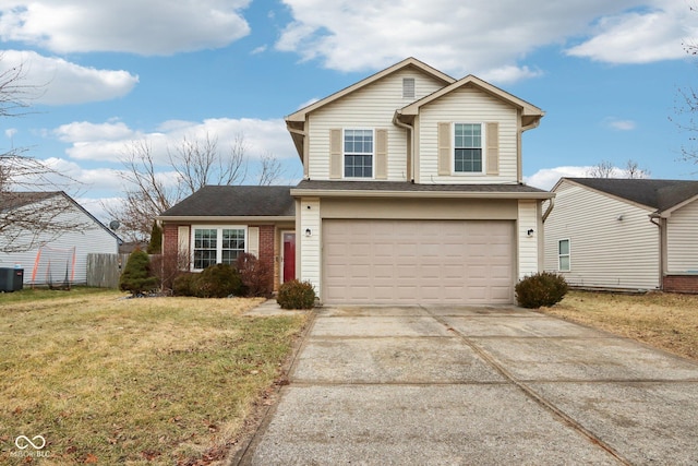 view of property featuring central AC, a garage, and a front lawn