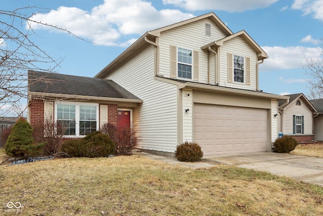 front facade with a garage and a front lawn