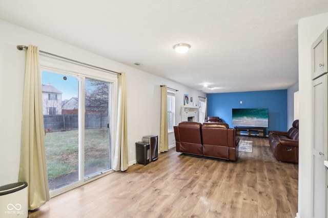 living room featuring light hardwood / wood-style flooring, a brick fireplace, and a wealth of natural light