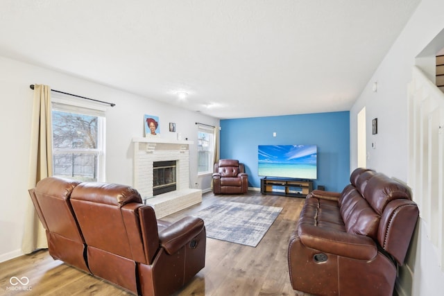 living room featuring a fireplace and light hardwood / wood-style flooring