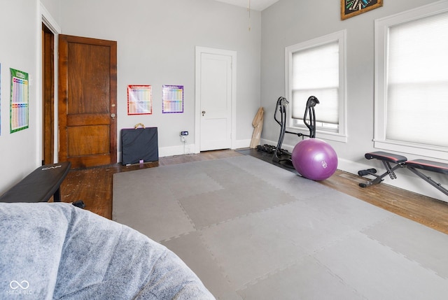 exercise room with dark hardwood / wood-style floors