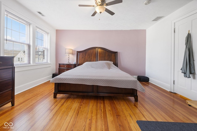 bedroom with light hardwood / wood-style floors and ceiling fan