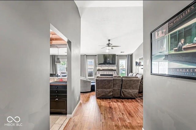 living room featuring ceiling fan, a healthy amount of sunlight, and light hardwood / wood-style flooring