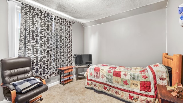 carpeted bedroom with a textured ceiling