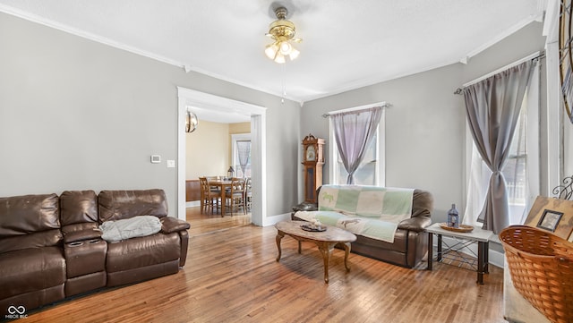 living room featuring hardwood / wood-style flooring and ornamental molding