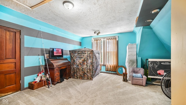 interior space with lofted ceiling, light colored carpet, and a textured ceiling