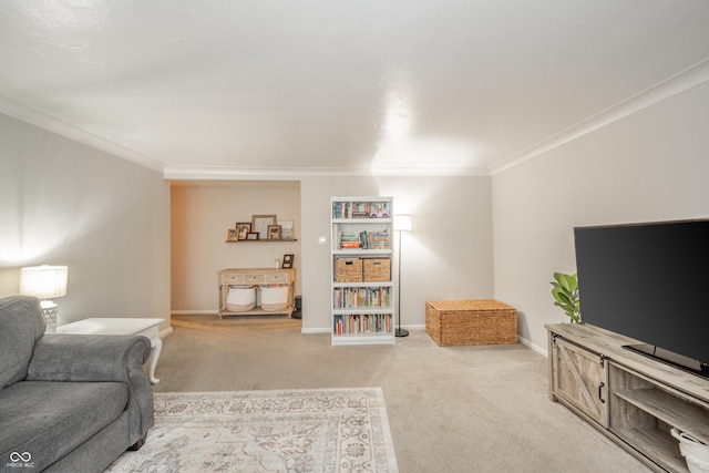 living room featuring crown molding and light colored carpet