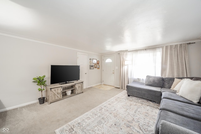 carpeted living room with crown molding