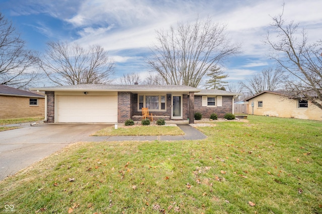 ranch-style house with a garage, a front lawn, and a porch