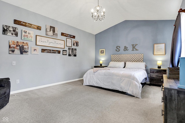 carpeted bedroom with vaulted ceiling and a notable chandelier