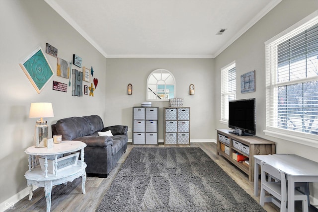 living room with crown molding and hardwood / wood-style floors