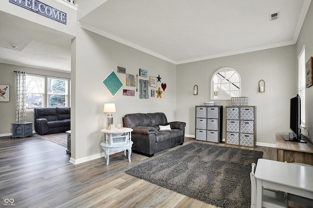 living room with crown molding and wood-type flooring