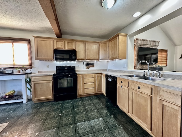 kitchen featuring light brown cabinetry, sink, black appliances, and vaulted ceiling with beams