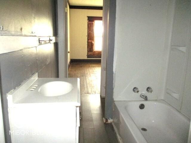 bathroom featuring vanity and hardwood / wood-style floors