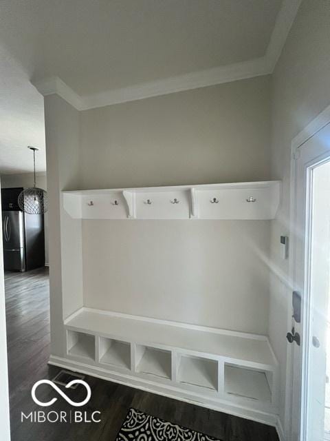 mudroom featuring crown molding and dark hardwood / wood-style floors