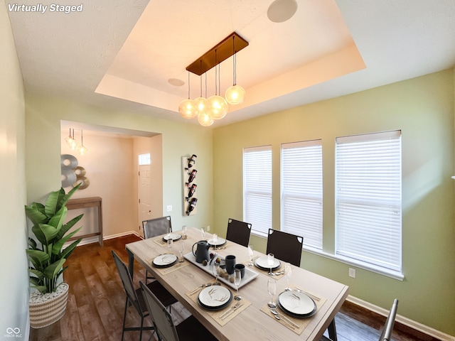 dining area featuring a tray ceiling and dark wood-type flooring