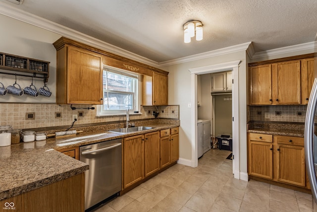 kitchen with crown molding, stainless steel dishwasher, sink, and backsplash