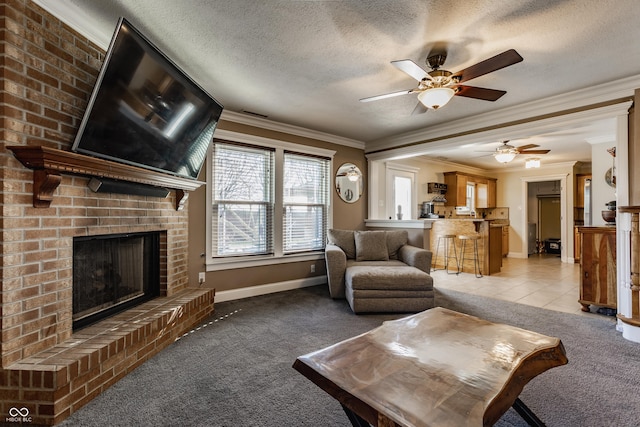 living room featuring crown molding, light colored carpet, and a brick fireplace