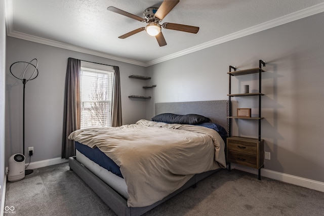 carpeted bedroom with crown molding, a textured ceiling, and ceiling fan