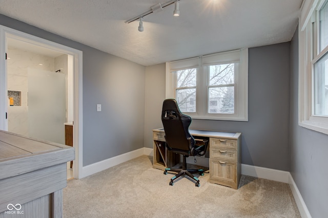 office space featuring rail lighting, light carpet, and a textured ceiling