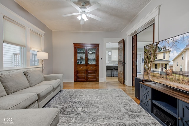 living room featuring ceiling fan, a textured ceiling, and light wood-type flooring