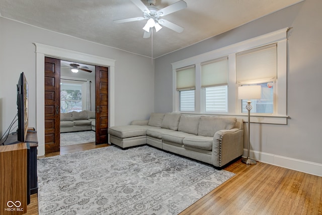 living room featuring ceiling fan and light hardwood / wood-style flooring