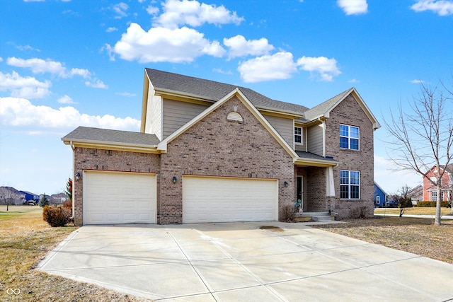 traditional-style home with concrete driveway, brick siding, an attached garage, and roof with shingles