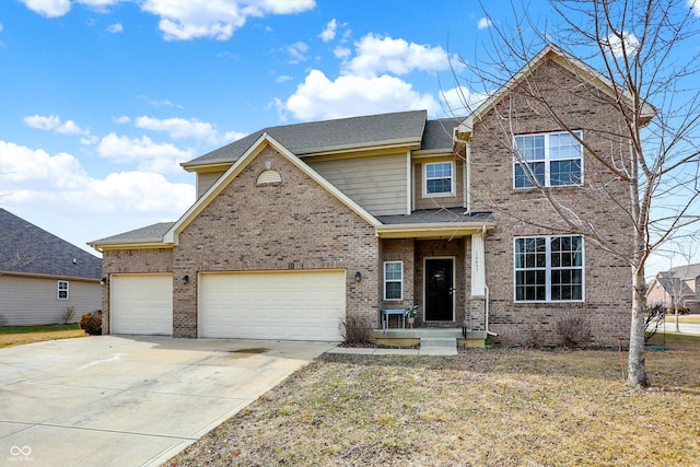 view of front of house featuring concrete driveway, brick siding, and a shingled roof