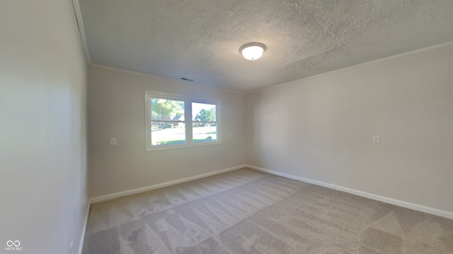 empty room with crown molding, light colored carpet, and a textured ceiling