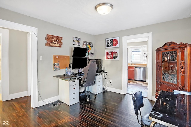 office space with dark hardwood / wood-style flooring