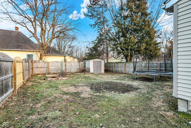 view of yard featuring a trampoline and a storage unit