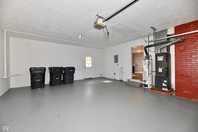 garage featuring water heater, a garage door opener, and electric panel