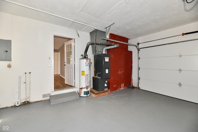 garage featuring water heater and electric panel