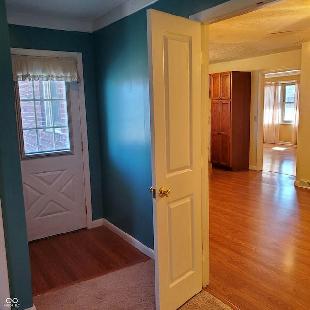 doorway to outside with light wood finished floors and baseboards