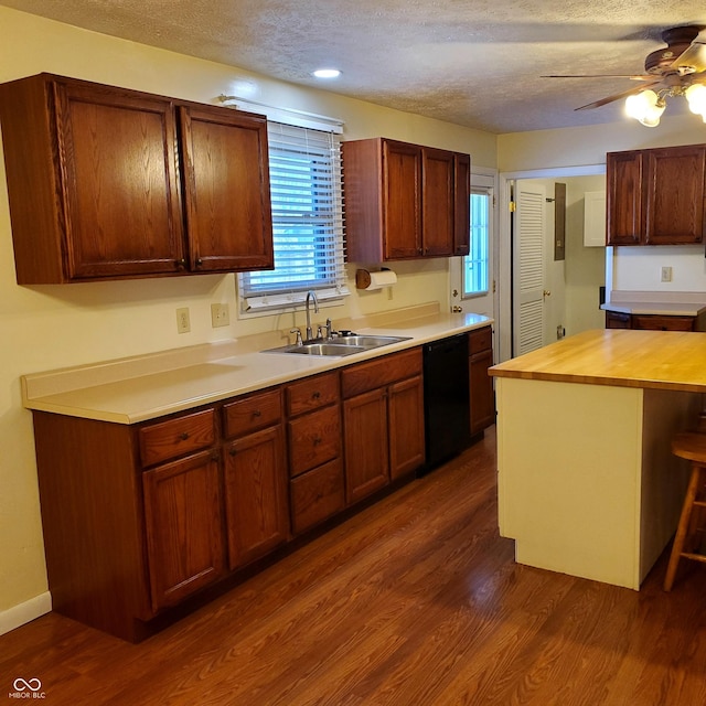 kitchen featuring dark wood finished floors, black dishwasher, butcher block counters, and a sink