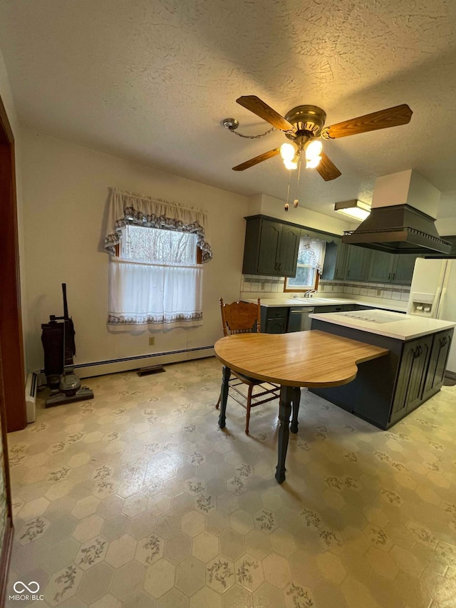 kitchen with electric cooktop, decorative backsplash, island exhaust hood, white refrigerator with ice dispenser, and a baseboard heating unit