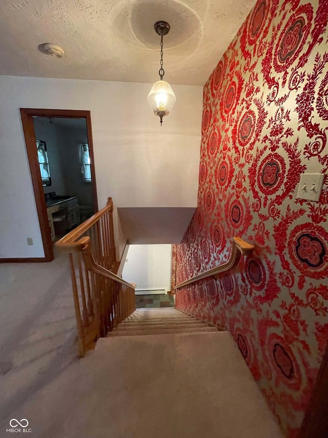 staircase featuring a textured ceiling and carpet