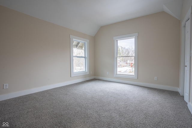 spare room featuring vaulted ceiling, carpet, and a wealth of natural light