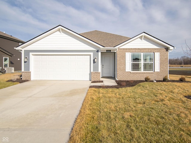 single story home with a garage, central AC unit, and a front lawn