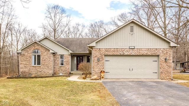 single story home featuring a garage, driveway, a shingled roof, crawl space, and brick siding