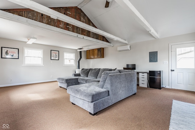 living area with a wall unit AC, baseboards, carpet floors, beam ceiling, and electric panel