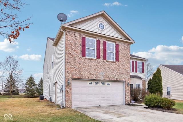 view of front of house with a garage, a front yard, and central air condition unit