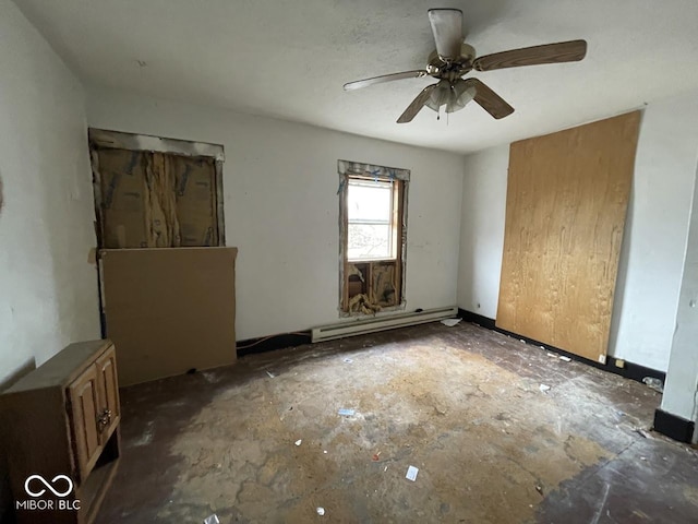 unfurnished bedroom featuring ceiling fan and a baseboard radiator